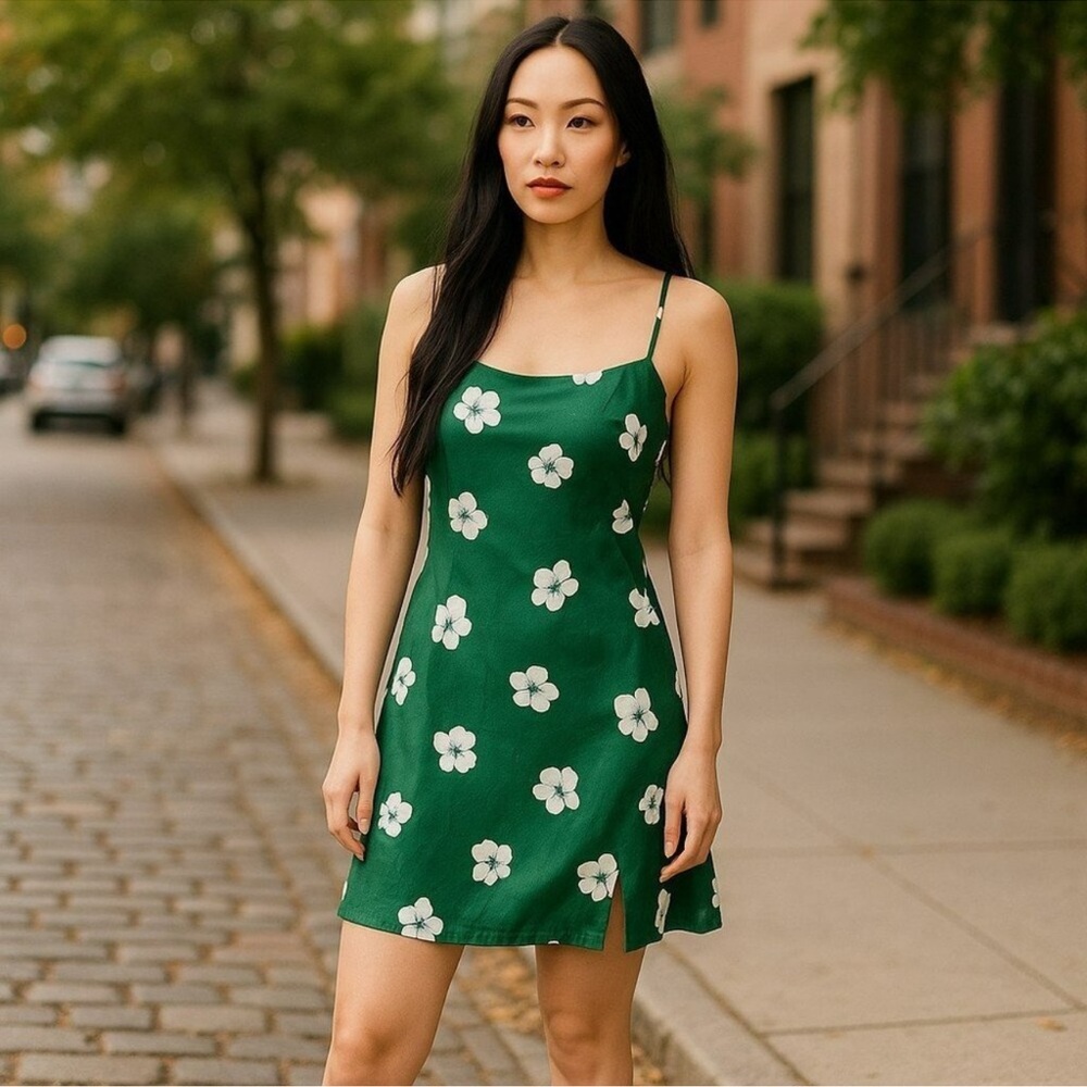 Princess Polly Green Floral Satin Strappy Slip Mini Dress Side Slit